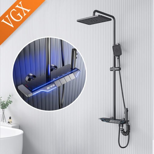 Colonne de douche thermostatique avec affichage de la température, ensemble de pommeau de douche à effet pluie, ensemble de douche à bidet gris